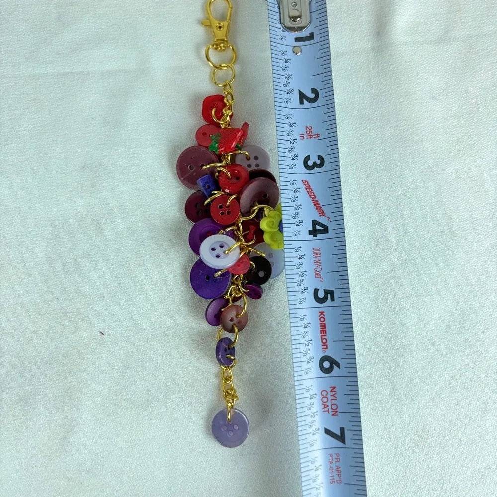 Handmade Colorful Button Cluster Bag Charm Keychain Gold Tone Flower Strawberry